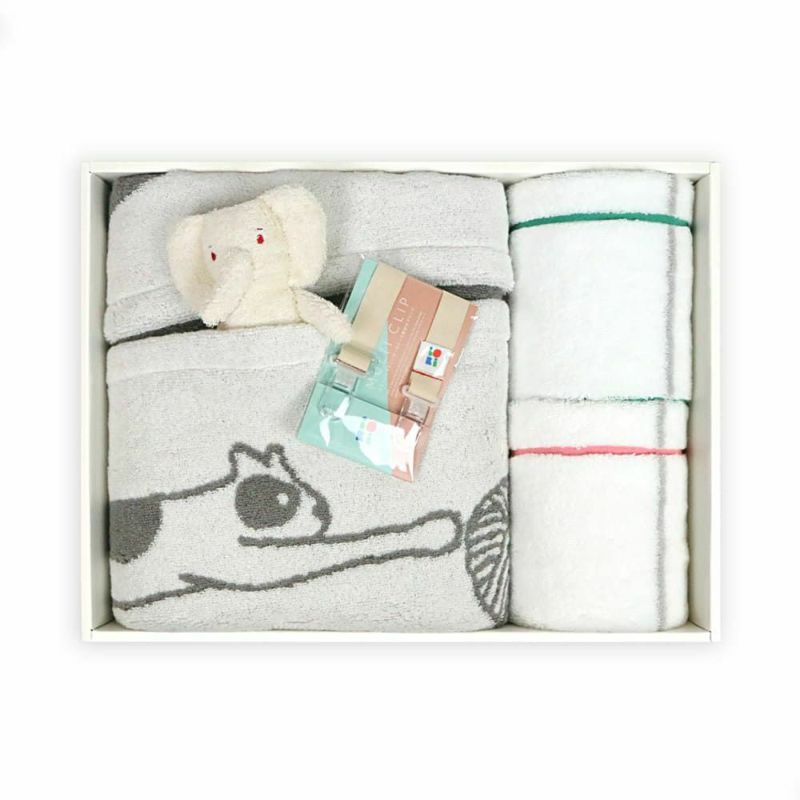 『SUKU-SUKU iori オーガニック』身長計バスタオル(OWH)『string-ストリング』ハンドタオル(GR・PK)『オーガニック　ニギニギ』ぬいぐるみ(ゾウ)『マルチクリップ(ベビー用)』ベビー5点ギフトセット【LL箱】