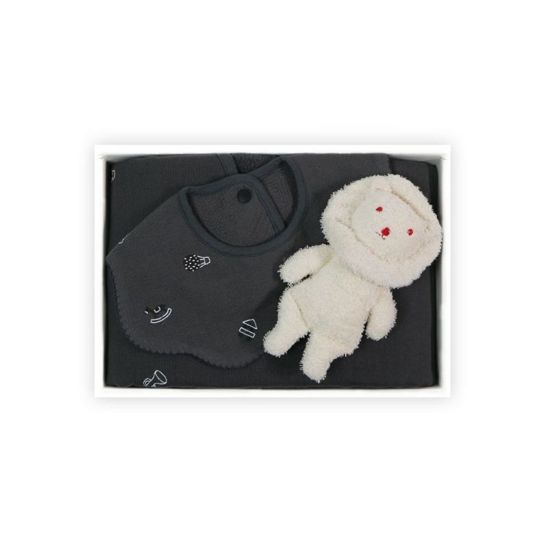 『IORI BABY×FORNE オーガニック』スリーパー、ラウンドスタイ(チャコール)『オーガニック ニギニギ』ぬいぐるみ(ライオン) ベビー3点ギフトセット【M箱】