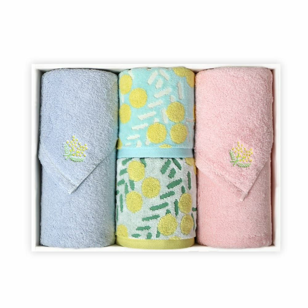 オリジナルmimosa刺繍入り『IORINO／やさしさ』スリムバスタオル（BL・PK)『mimosa／ミモザ』フェイスタオル（BL・WH)4枚組ギフトセット